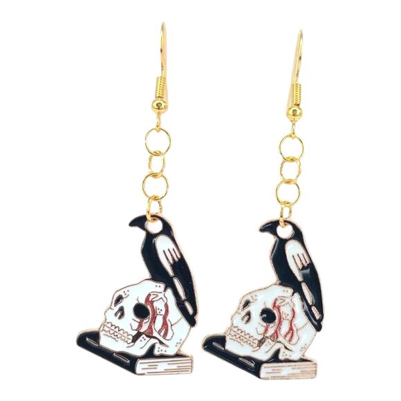 Skull Raven & Book Earrings 🖤 Gothic Halloween Jewelry - Picture 1 of 4
